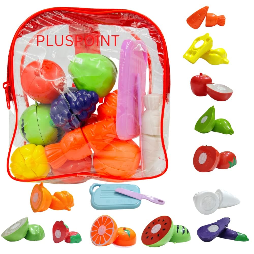 PLUSPOINT Food Cutting Toys 14 PCS with Storage Bag Play Cutting Food Kitchen Toy Cutting Fruits Vegetables Pretend Food Playset Early Development Learning Toy Gifts for Toddlers Girls (14pc Backpack)