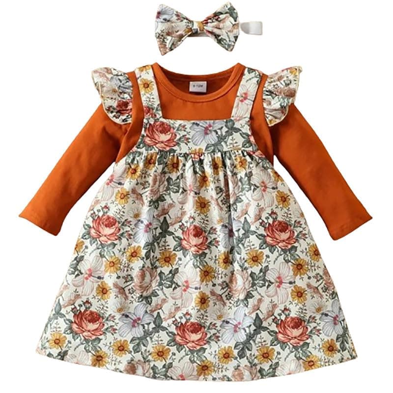 Niren Enterprise Girls Adorable A-line Knee Length Floral Dress | Long Sleeve Velvet Top | Lovely Floral Pinafore Dress | Matching Headband Bow