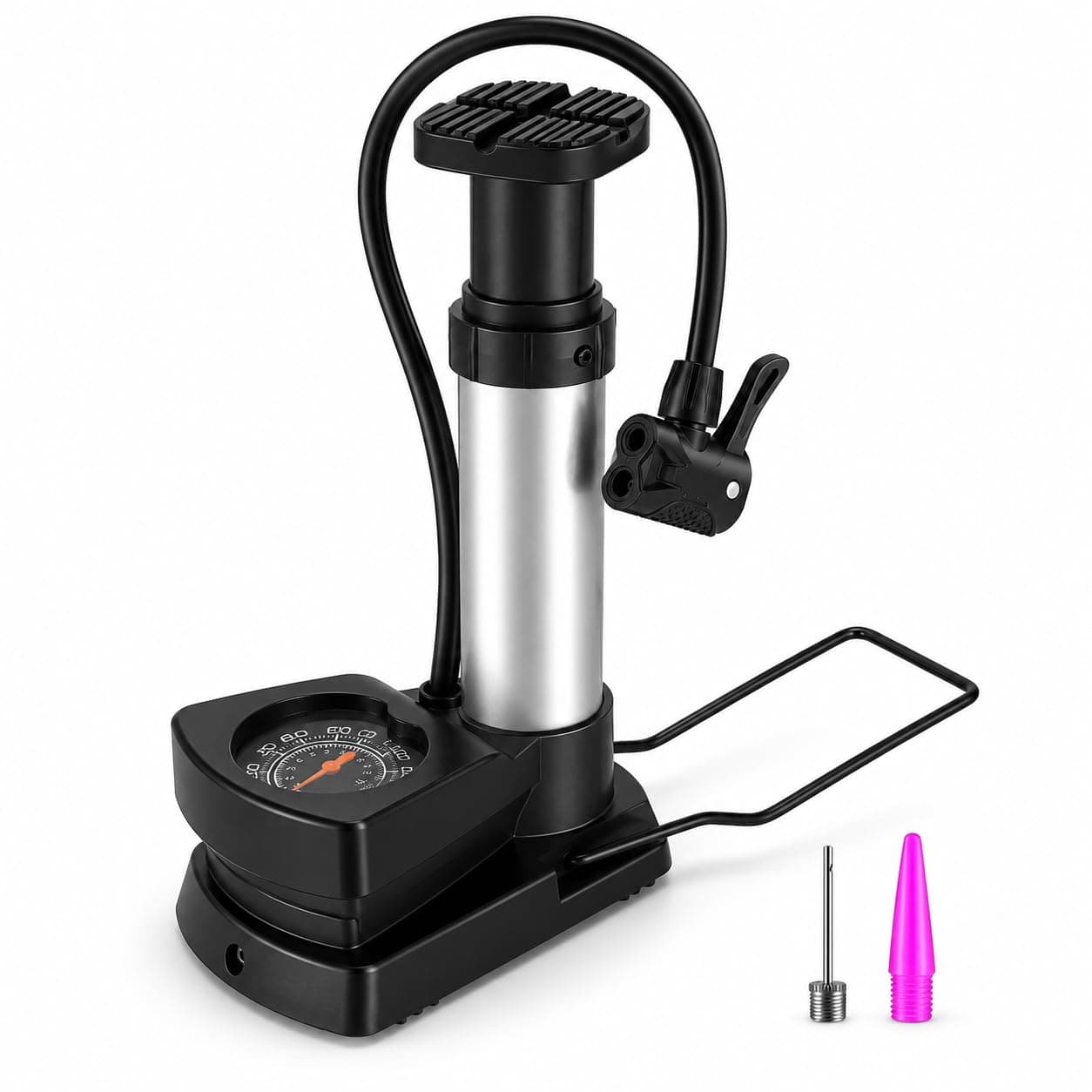 CAVERNSHOP Portable High Pressure Foot Air Pump with Pressure Gauge, Presta & Schrader Valve, Non-Slip Pedal, Compact Tyre Inflator for Bicycle, Car, Bike, Motorcycle, Football & Inflatables