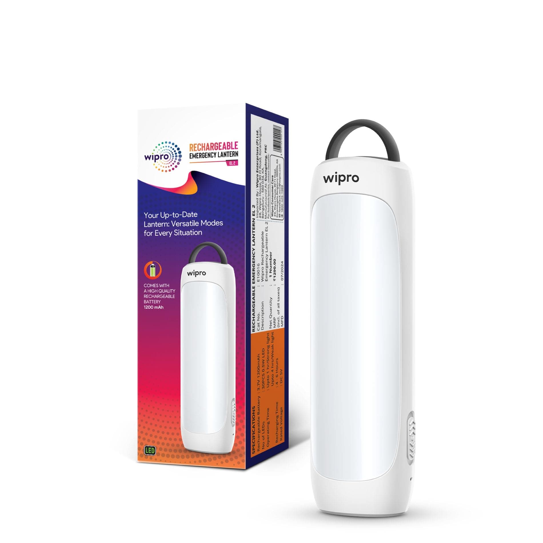 Wipro EL2 Rechargable Emergency Lantern with 2-in-1 Lighting Mode | Translucent Diffuser for Uniform Light | Compact Design | Robust & Sturdy Product Material | Pack of 1