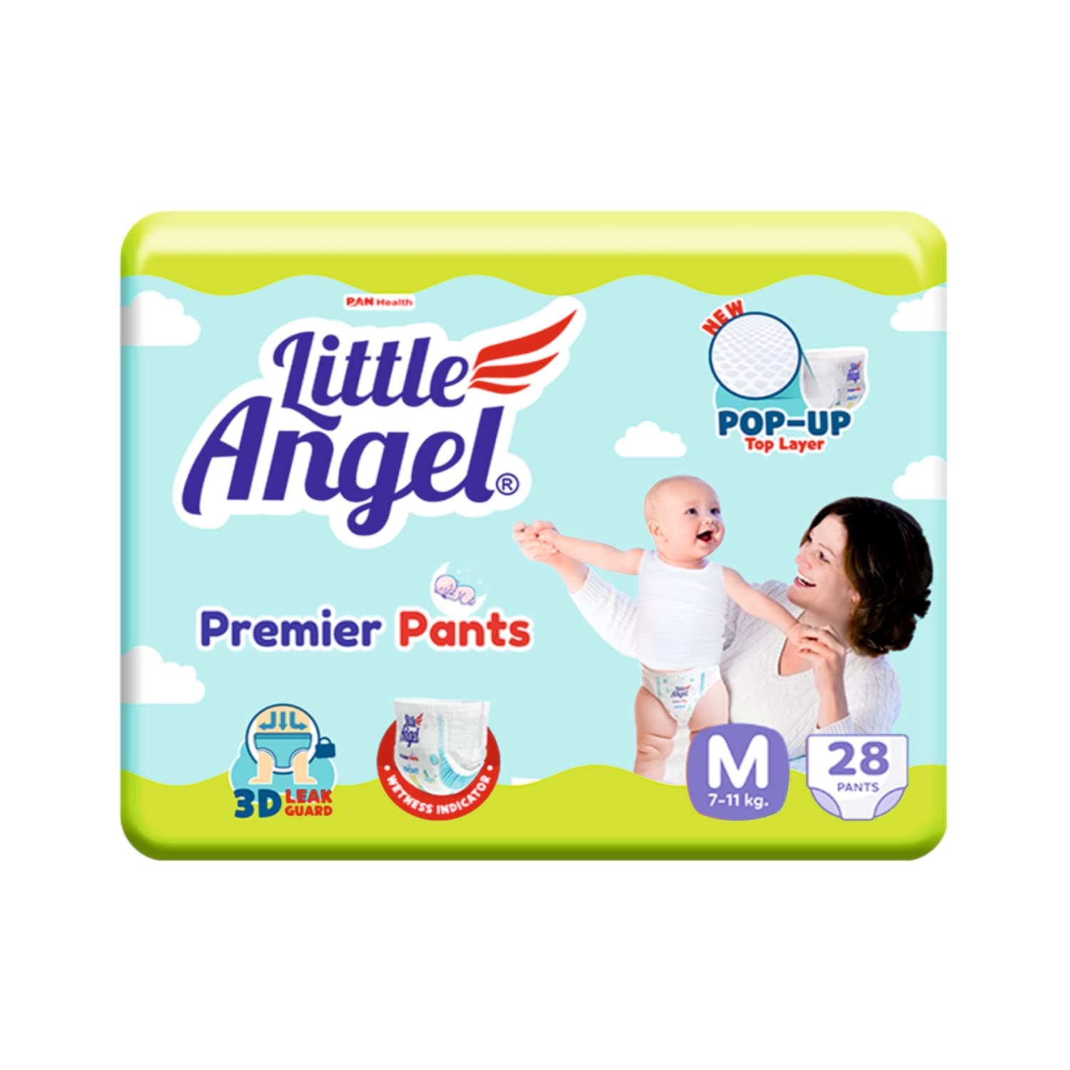 Little Angel Premier Pants Baby Diapers, Medium (M) Size, 28 Count, Cottony Soft Material, Breathable, Extra Dry Core, Stretchable Sides, Pack of 1, 7-11 kgs