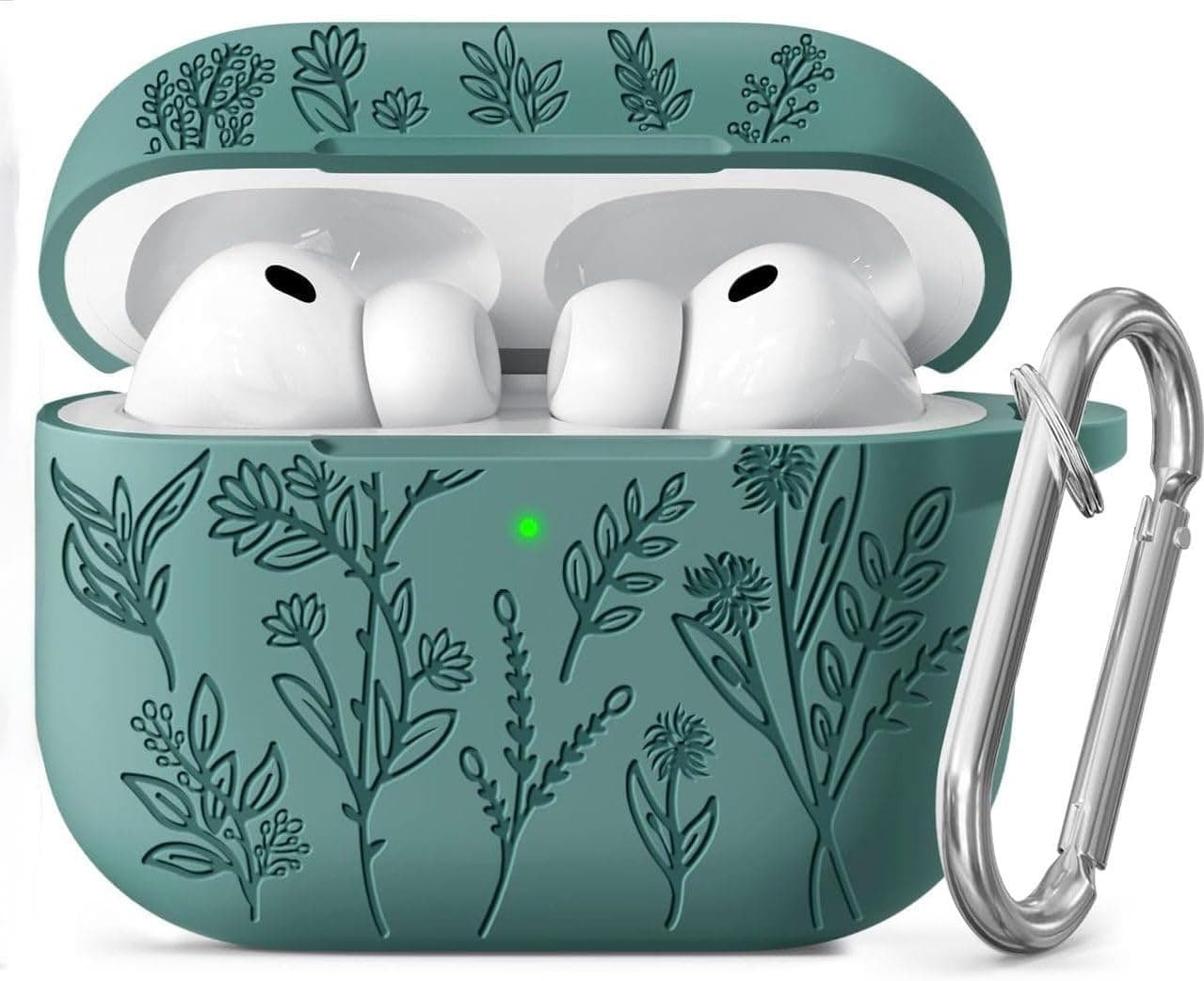 Meyaar Silicone Case for AirPods Pro 3 Floral Embossed, Flower Engraved Soft Silicone Cover with Keychain, Anti-Scratch, Shockproof Protective Case Cover (Pine Green, for AirPods Pro 3 (2025))