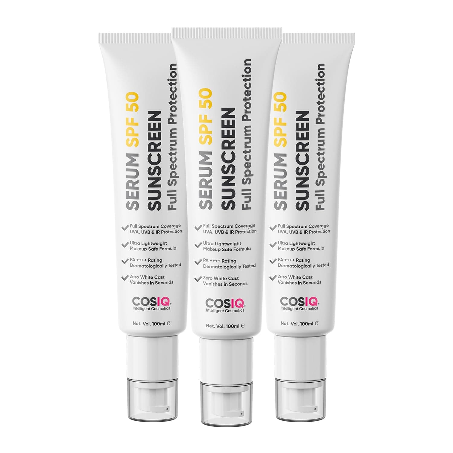 Cos-IQ Sunscreen SPF 50 PA++++ Serum | UVA/B & Blue Light Protection for Men & Women | Broad Spectrum Sun Protection | Oily, Dry, Sensitive & Combination Skin | No White Cast | 100ml, Pack of 3