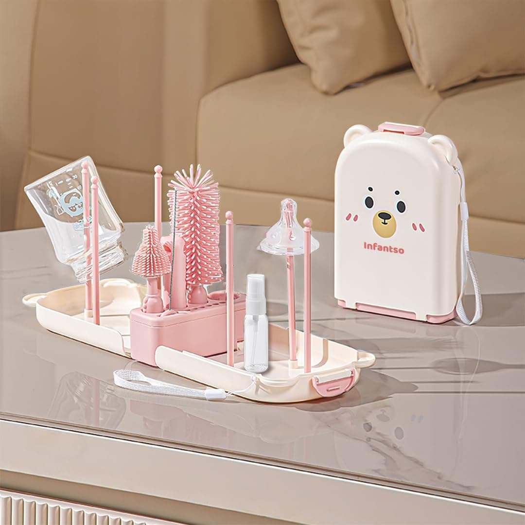 Infantso Foam-O (10-in-1) Baby Bottle Cleaning Brush Set – Feeding Bottle Cleaner Kit for Newborn Essentials with Pacifier Brush, Straw Brush, Drying Rack & Soap Dispenser | BPA-Free Silicone Bristles