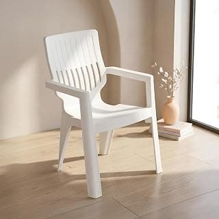 Nilkamal Ortho Comfort Plastic Chair with Arm | 3 Year Warranty | Stackable Chair for Home, Living Room, Dining Room, Cafe & Balcony | Ergonomic Back Support | Indoor & Outdoor Use | Cream