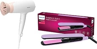 PHILIPS Hair Dryer Bhd308/30 1600 Watts Thermoprotect Airflower, 3 Heat & Speed Settings For Quick Drying & Bhs393/40 Straightener With Silkprotect Technology, White