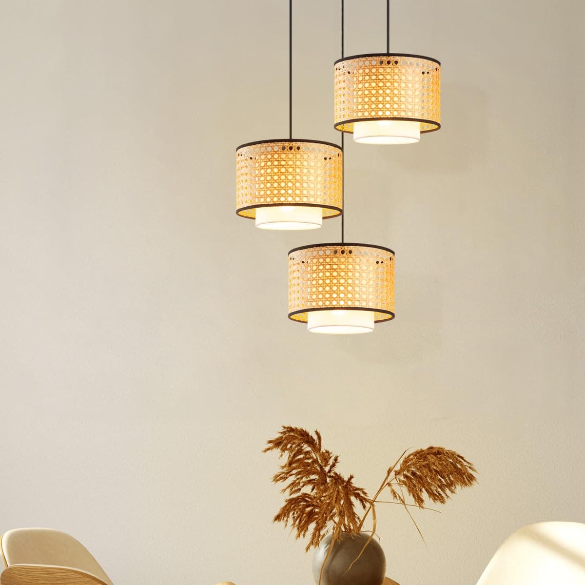 AKWAY Bamboo Hanging lamp for Living Room | Rattan Hanging lamp for Drawing Room | Cane Pendant Light for Home Decoration (Bulb not Included) (Set of 3 - Round Canopy)