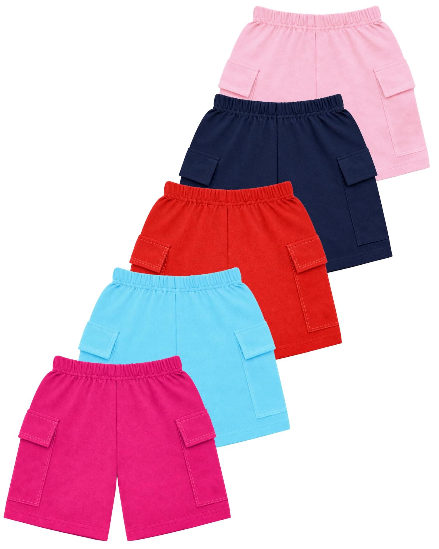 Kuchipoo Girls Cotton Cargo Shorts | Elastic Waistband | Double Pocket Shorts | Summer Casual Wear for Kids- Pack of 5