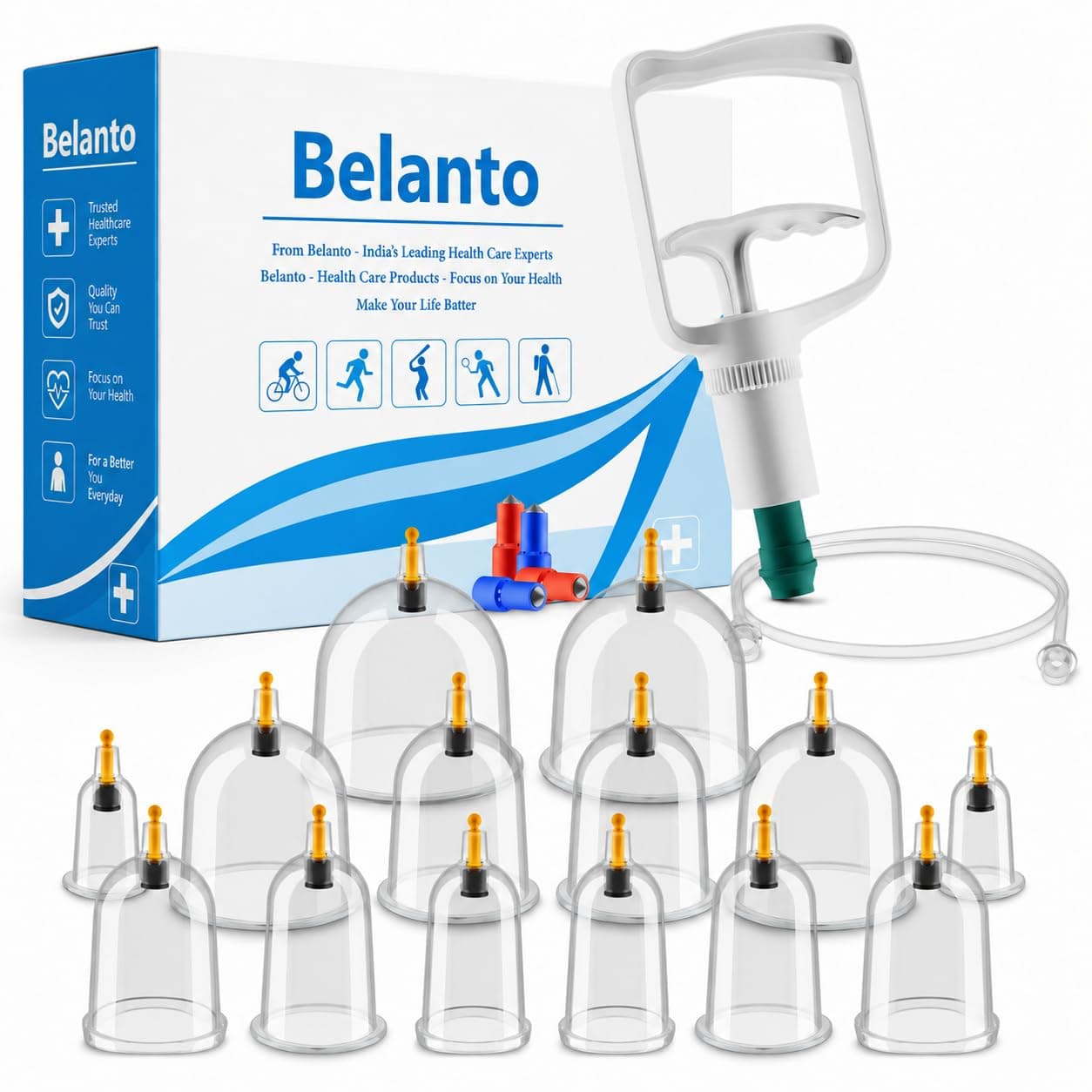 Belanto 12 Pcs Vacuum Cupping Therapy Set, Professional Chinese Massage Cups for Pain Relief, Muscle Recovery and Relaxation, Medical Cupping Glasses with Vacuum Pump, Pull Out Magnetic Suction Cup