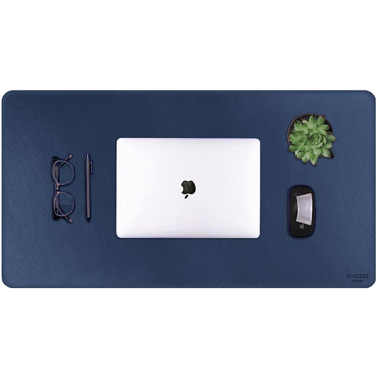V-CUBE Designs Premium Vegan Leather Desk Mat 75X40cm 2.4mm Thick&Padded|Laptop Mat/Extended Mouse Pad/Stitched, Reversible, Sturdy Deskspread with High Tear/Peel Strength|Anti-Slip,Splash-Proof|Blue