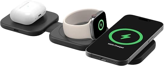 Belkin Magsafe Charger Compatible 3-in-1 Magnetic Charging Travel Pad 15W-Boostcharge Pro Foldable Qi2-Certified Wireless Charger, for iPhone 16 Series,Apple Watch,Airpods,Black
