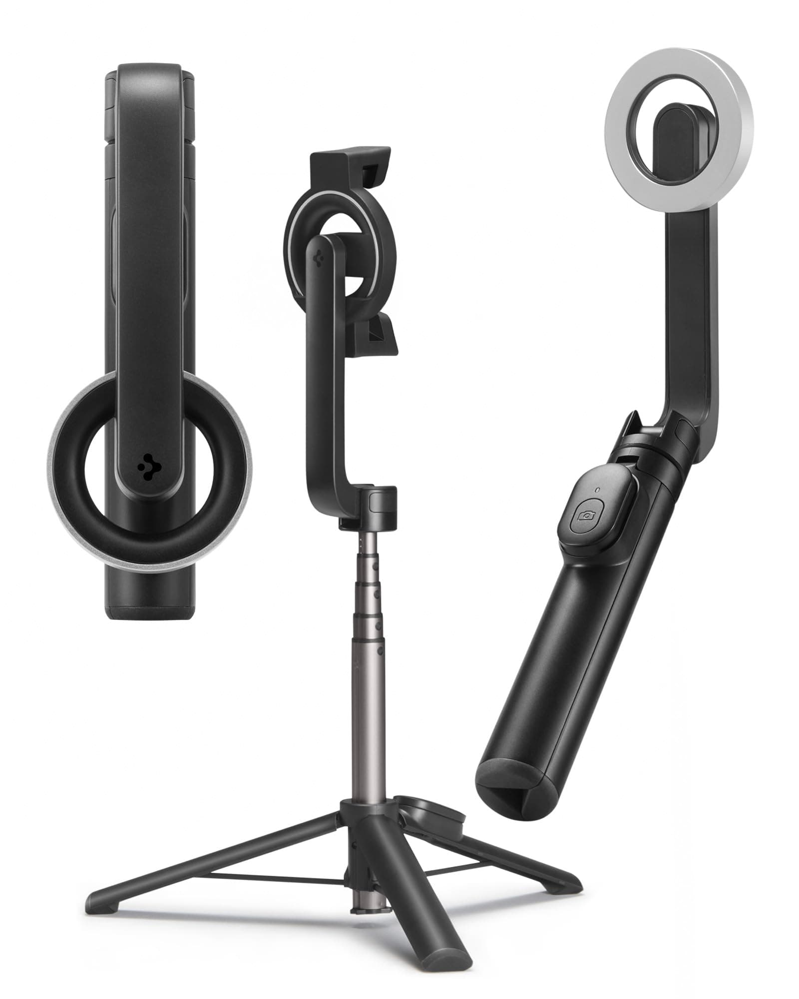 Spigen S572 Selfie Stick Tripod, Light Weight, Wireless Bluetooth Remote Enhanced Stability with Rubber Holder, Optimized for iPhone 17/16/15/14/13/12 and Other Phones with Magsafe Cases - Black