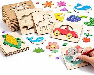 Clapjoy Wooden Stencil Art & Craft Kit for Kids (20 Pieces) | DIY Drawing & Coloring Set with Crayons, Watercolor Pens & Pencil Colors | Art Gift for Boys & Girls Ages 3,4,5,6,7,8,9