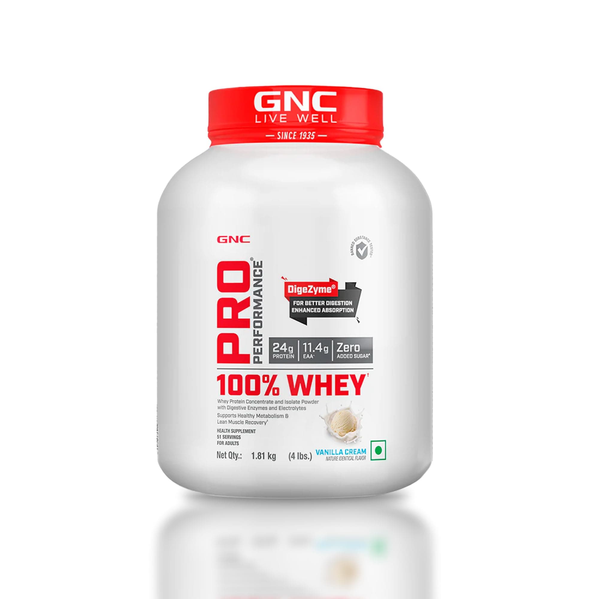 GNC Pro Performance 100% Whey Protein | 4 lbs | Muscle Growth | Muscle Recovery | DigeZyme® For Easy Digestion | Informed Choice Certified | 24g Protein | 5.5g BCAA | Vanilla Cream