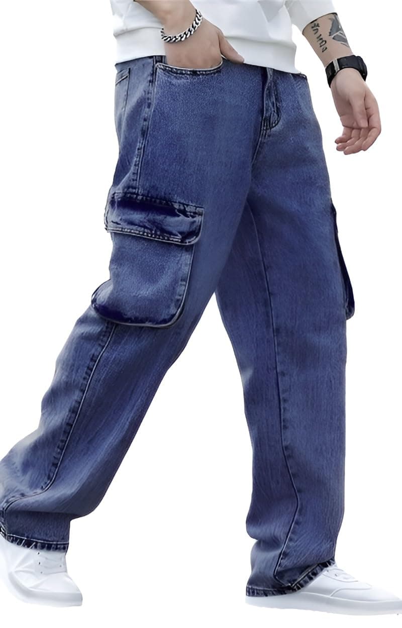 Ben Martin Men's Denim Cotton Cargo Jeans || Stretchable Baggy Fit || High Waist Loose Cargos for Men with Box Pockets || Stylish Gen-Z Streetwear || Sizes 28–40 || Black, Khaki, Grey & More