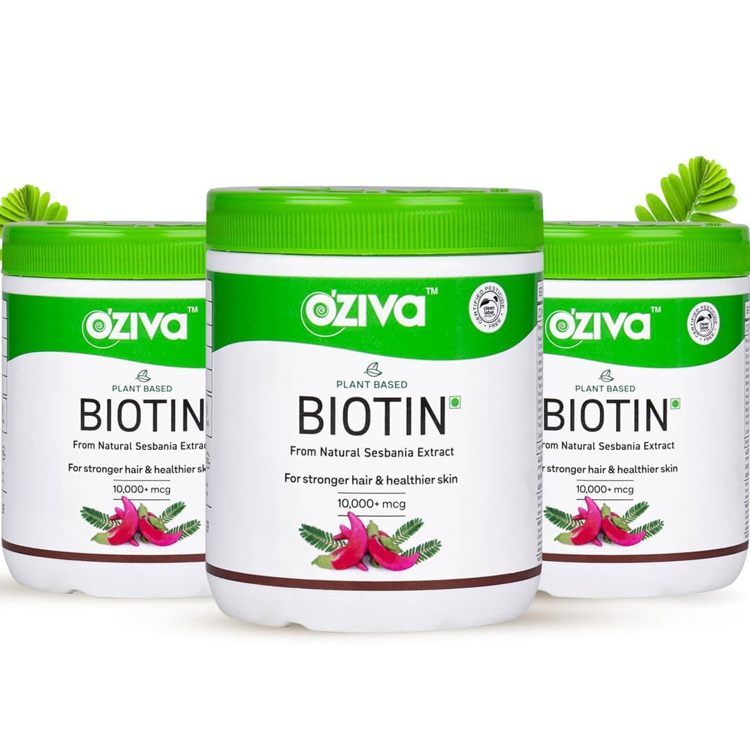 OZiva Plant Based Biotin to Improve Hair Thickness | 100% Natural from Sesbania Agati, Amla & Pomegranate | Clinically Proven Biotin Powder for Men & Women | 375g, Pack of 3 (Classic)