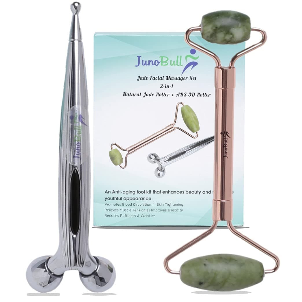 JunoBull Face Massager Set of Jade stone Roller (metal handle) & 3D Manual Roller (ABS material) -used as Beauty and glowing Skin care tool for men & women