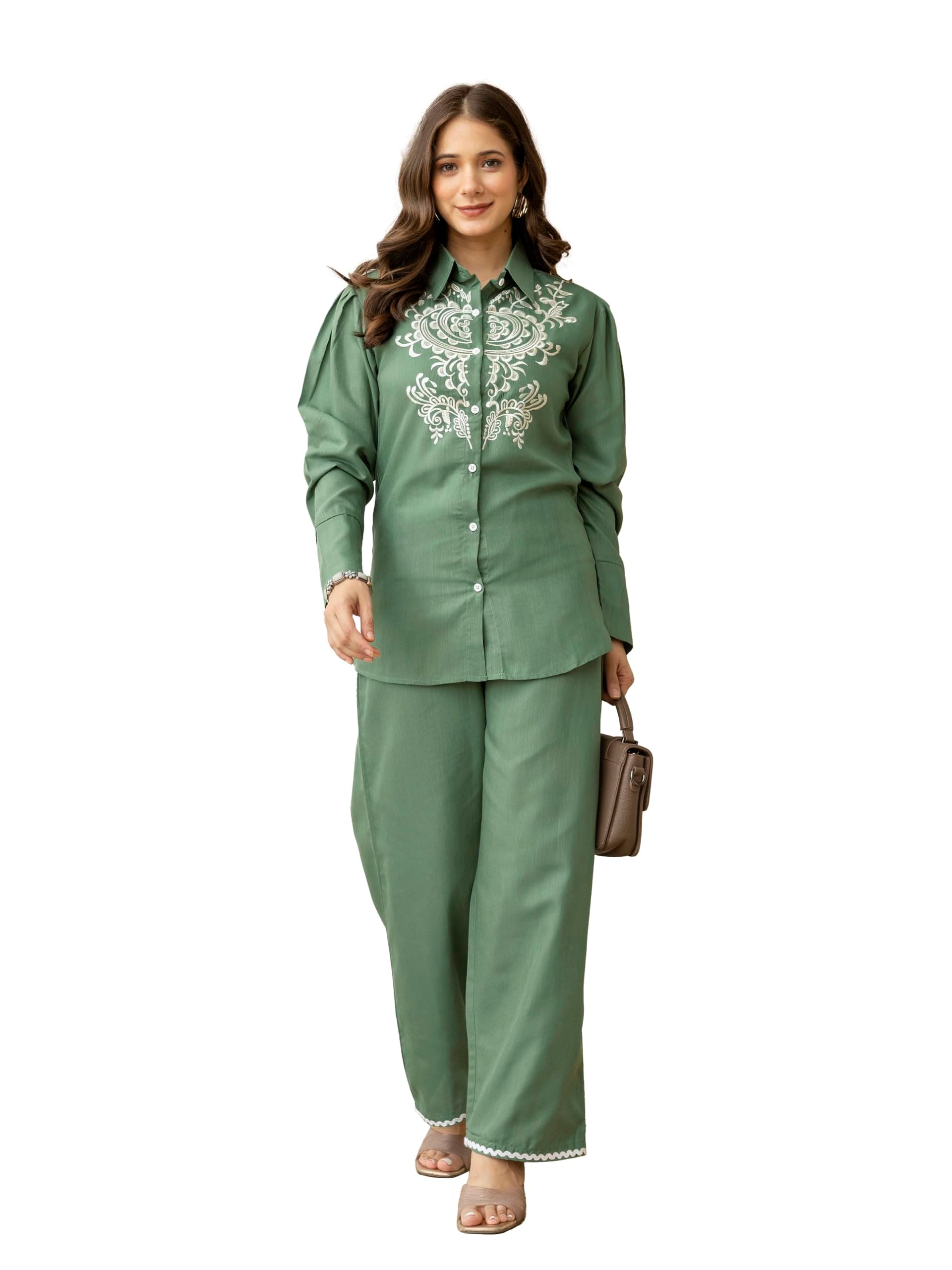 TRENDMALLS Women’s Cambric Cotton Embroidery Work Co-Ord Set Top and Straight Pant for Women
