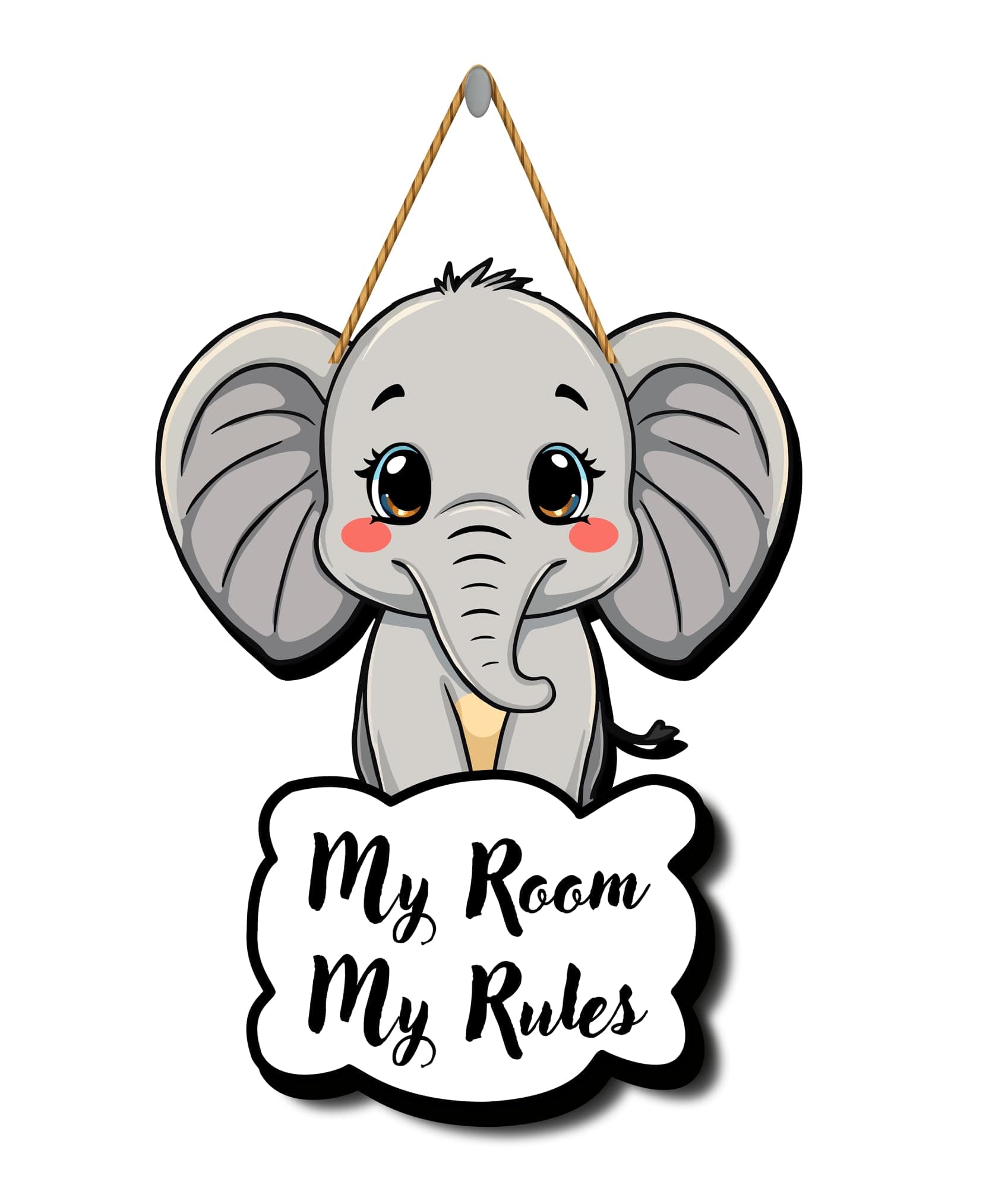 GENXTRA® Elephant MDF Wall Hanging for Room – Cute Cartoon Animal Decor with 'My Room My Rules' Quote