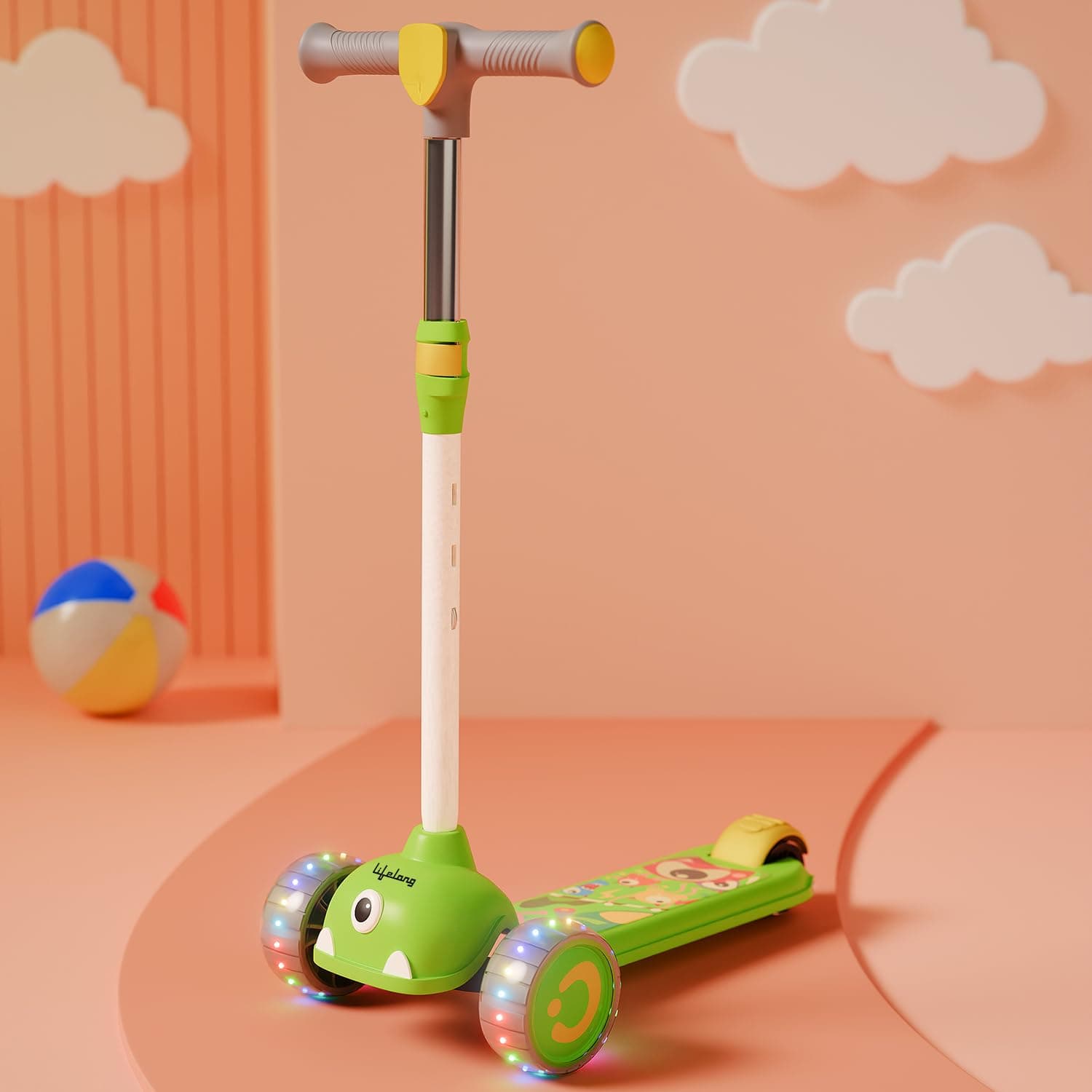 Lifelong Kids Scooter for Boys & Girls| LED PU Wheels | 4-Level Adjustable Height | BIS Certified | 50Kg Capacity | Tilt-to-Turn Steering, Heavy, PPCP Body, Aluminum Handle, Green & Yellow