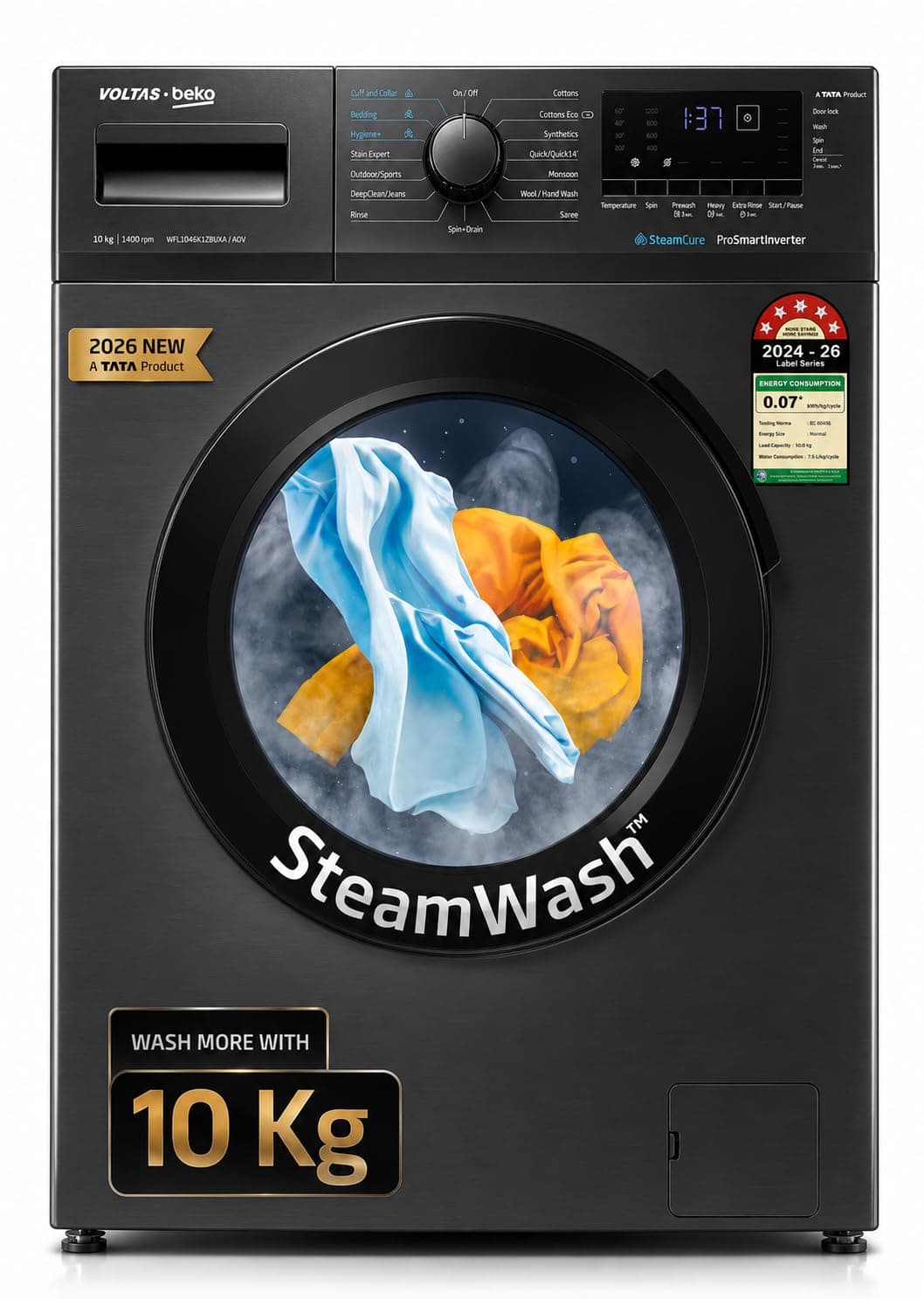 Voltas Beko, A Tata Product 10 Kg 5 Star Inverter Quick wash Fully-Automatic Front Loading Washing Machine (WFL1014B7JVBKA / AXV, Anthracite, In buit Heater/Hygiene steam)