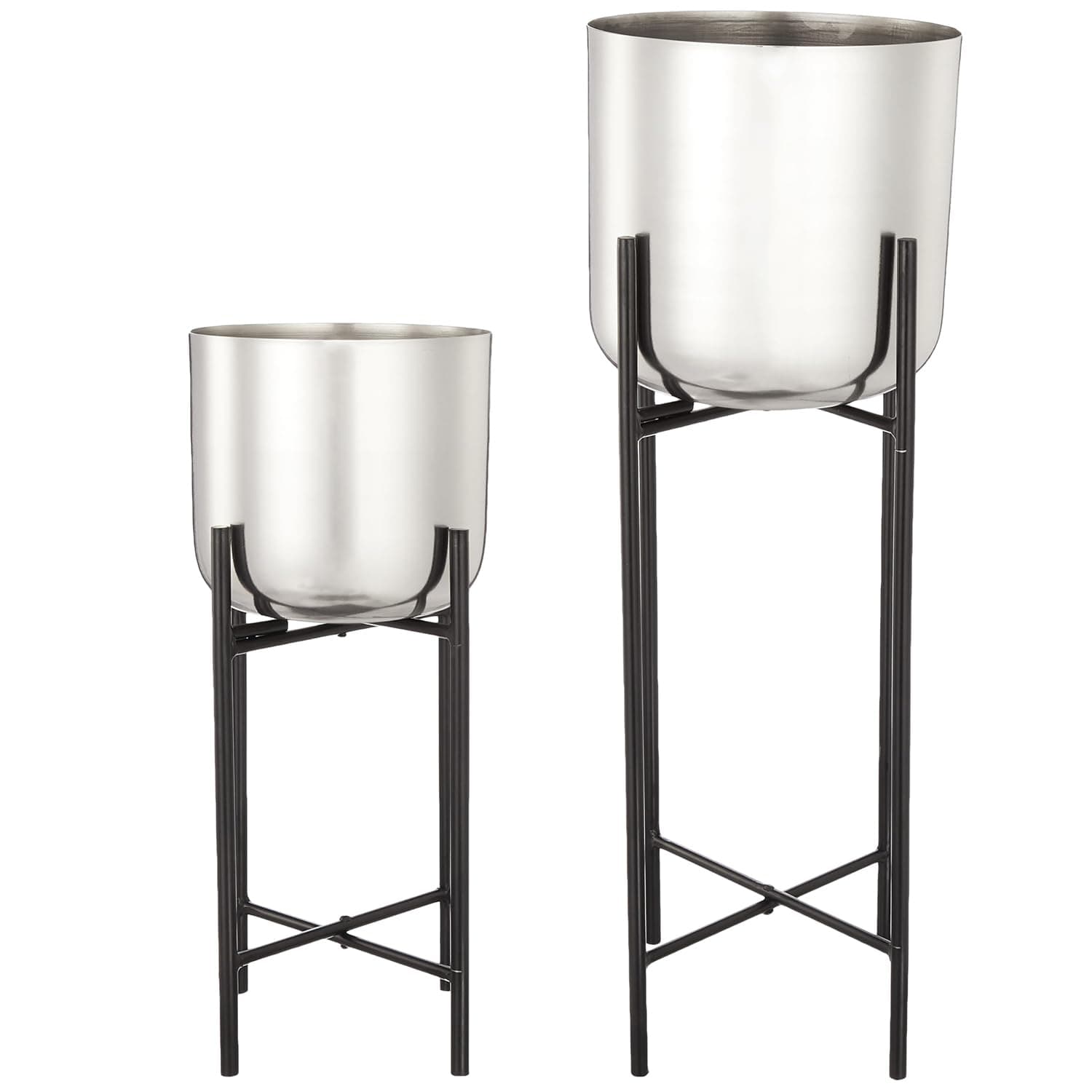 amazon basics Set of 2 Planter with Plant Stand and Flower Pot for Home Decor and Indoor and Outdoor Gardening (Silver Finish)