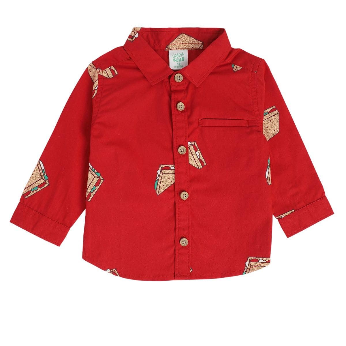 miniklub Baby Collar Long Sleeve Woven Cotton Printed Shirt (Red Color)