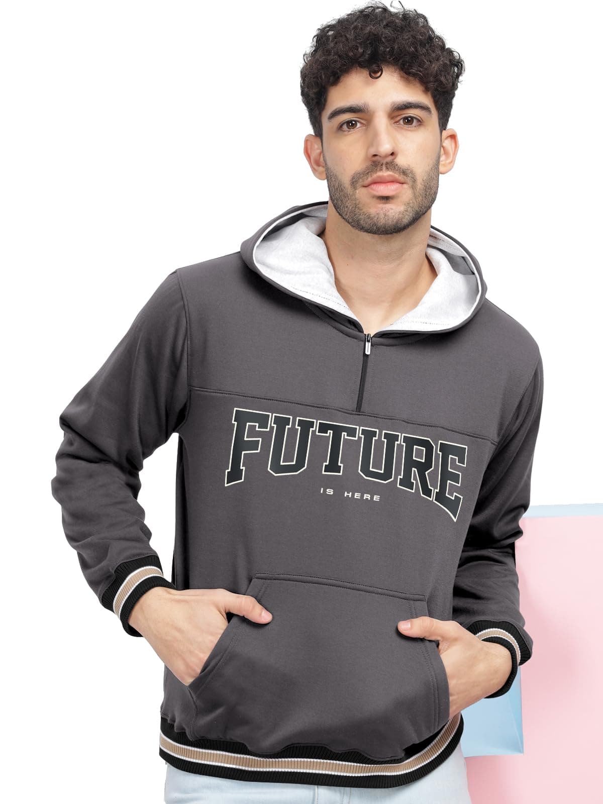BULLMER Grey Trendy Printed Fleece Hoodie Sweatshirt for Men