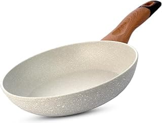 BERGNER Ivory Granite Non-Stick 24cm Frypan, 3-Layer Marble Healthy Coating, Frying Pan with Wooden Soft Touch Rivetless Handle, PFOA Free, Less Oil, Forged Aluminium - Induction and Gas Stove Ready