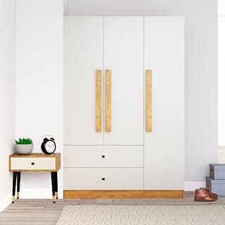 Bniture Wooden Almirah for Clothes, Door for Bedroom, 3 Door Wardrobes with 2 Drawer & Hanging Space (40D x 120W x 180H CM) | 3 Year Warranty (Giant Wood & Frosty White)