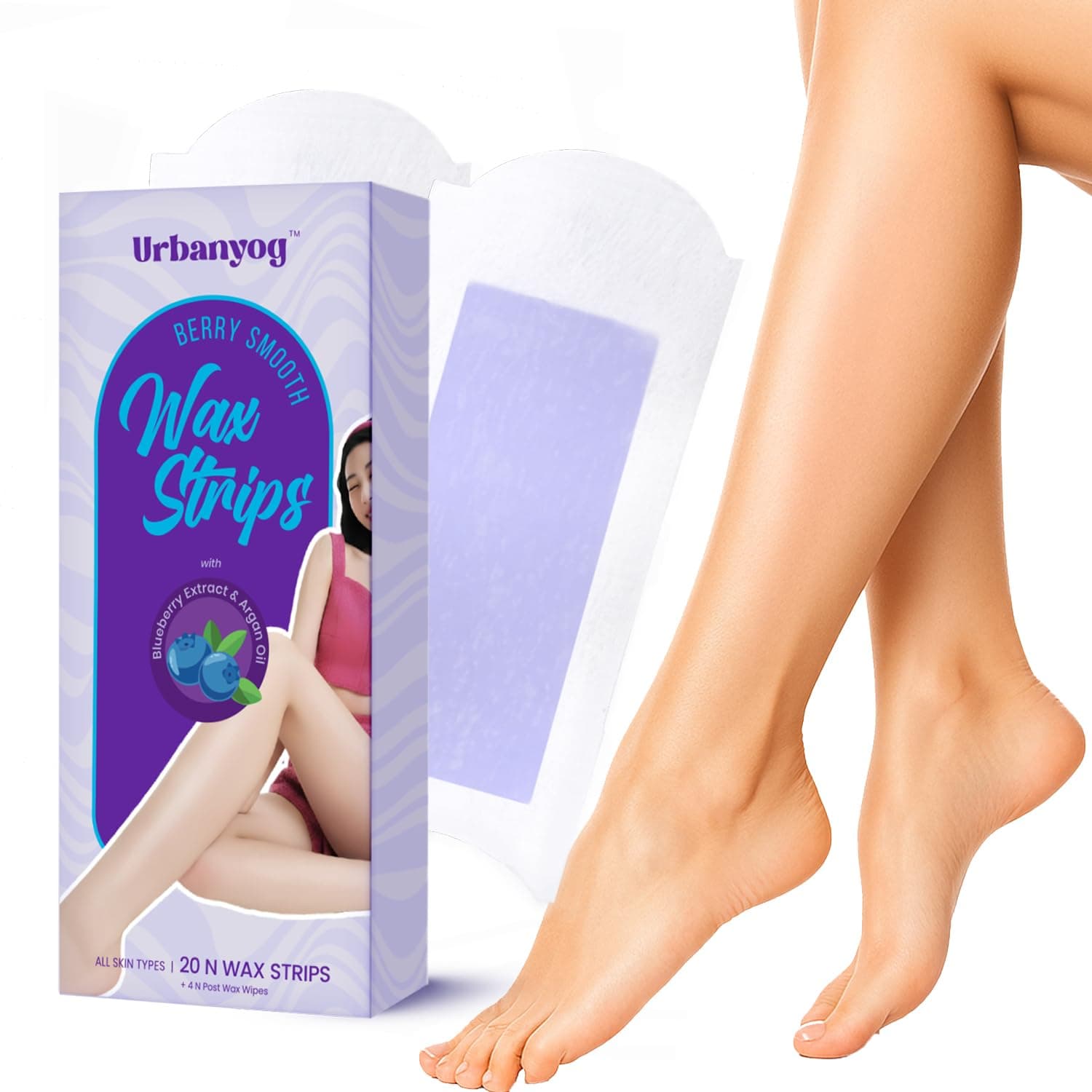 Urbanyog Berry Smooth Wax Strips | Full Body Waxing Strips | 20 Wax Strips & 4 Post – Wax Wipes | With Blueberry Extract & Argan Oil | Cold Waxing for Women’s Hair Removal | For Arms, Legs, Underarms, Bikini Line | All Skin Types