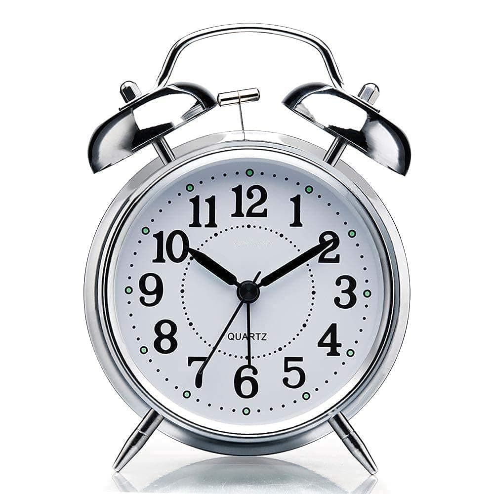 SKYLACE Vintage Brass Twin Bell Table Top Alarm Clock with LED Night Light Display - Ideal for Bedroom, Heavy Sleepers, Adults, Kids and Students (Silver)