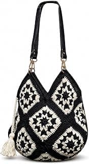 ZORA CRAFT Black & White Crochet Tote Bag for Women – Vintage Granny Square Handbag, Diamond Pattern, Stylish Office & Festival Bag, Fits 14" Laptop/MacBook