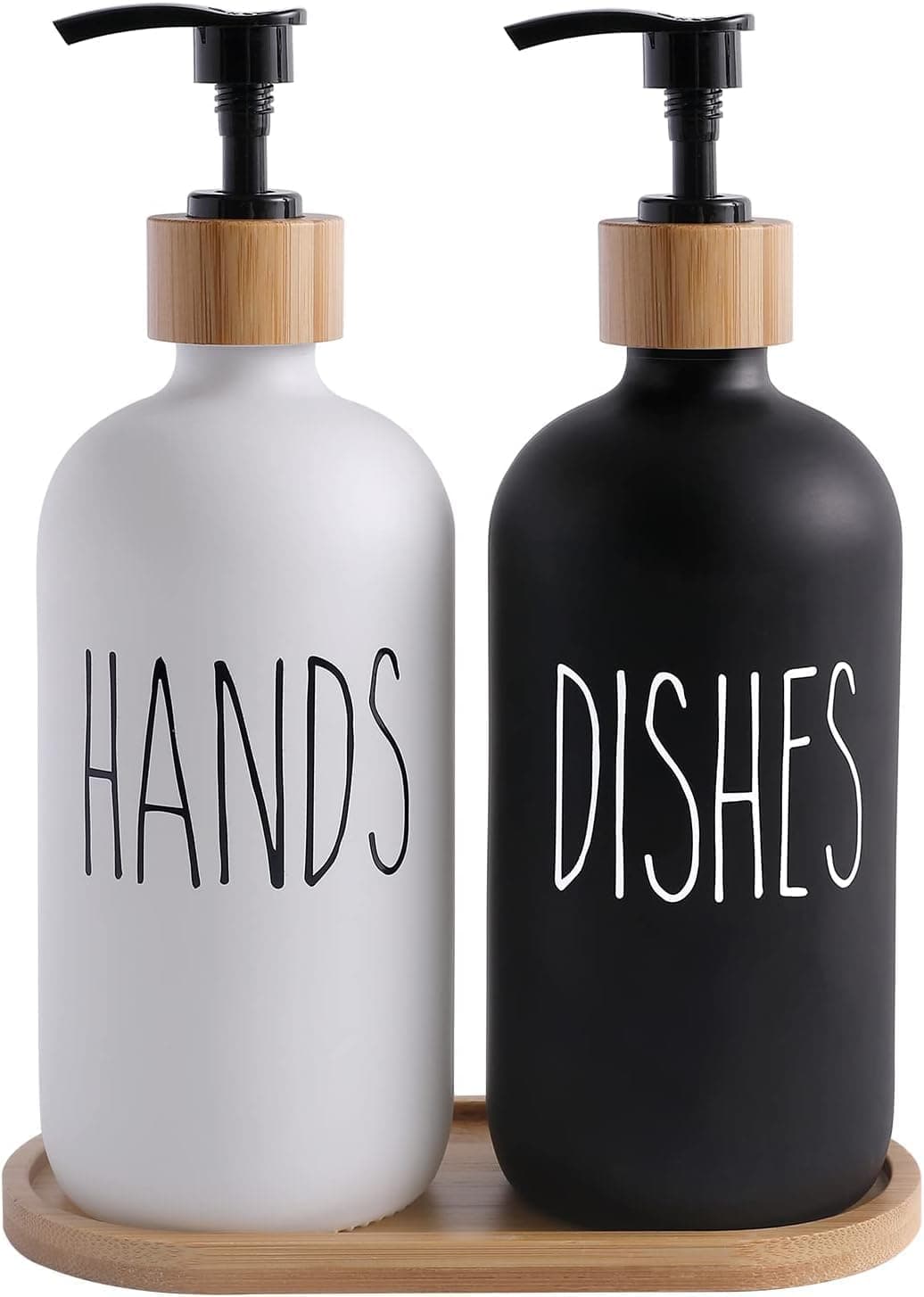 MOOKA Soap Dispenser for Kitchen Handwash Dispenser Dish Wash Dispenser Liquid Soap Dispenser for Kitchen Sink Dishwash and Hand Wash Liquid Dispensers Pump with Bamboo Tray, Glass, 17 Ounces