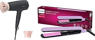 PHILIPS Professional Hair Dryer BHD356/10 2100 Watts Thermoprotect Air Flower Advanced Ionic Care 6 Heat & Speed Settings-Black & BHS393/40 Straightener with SilkProtect Technology.