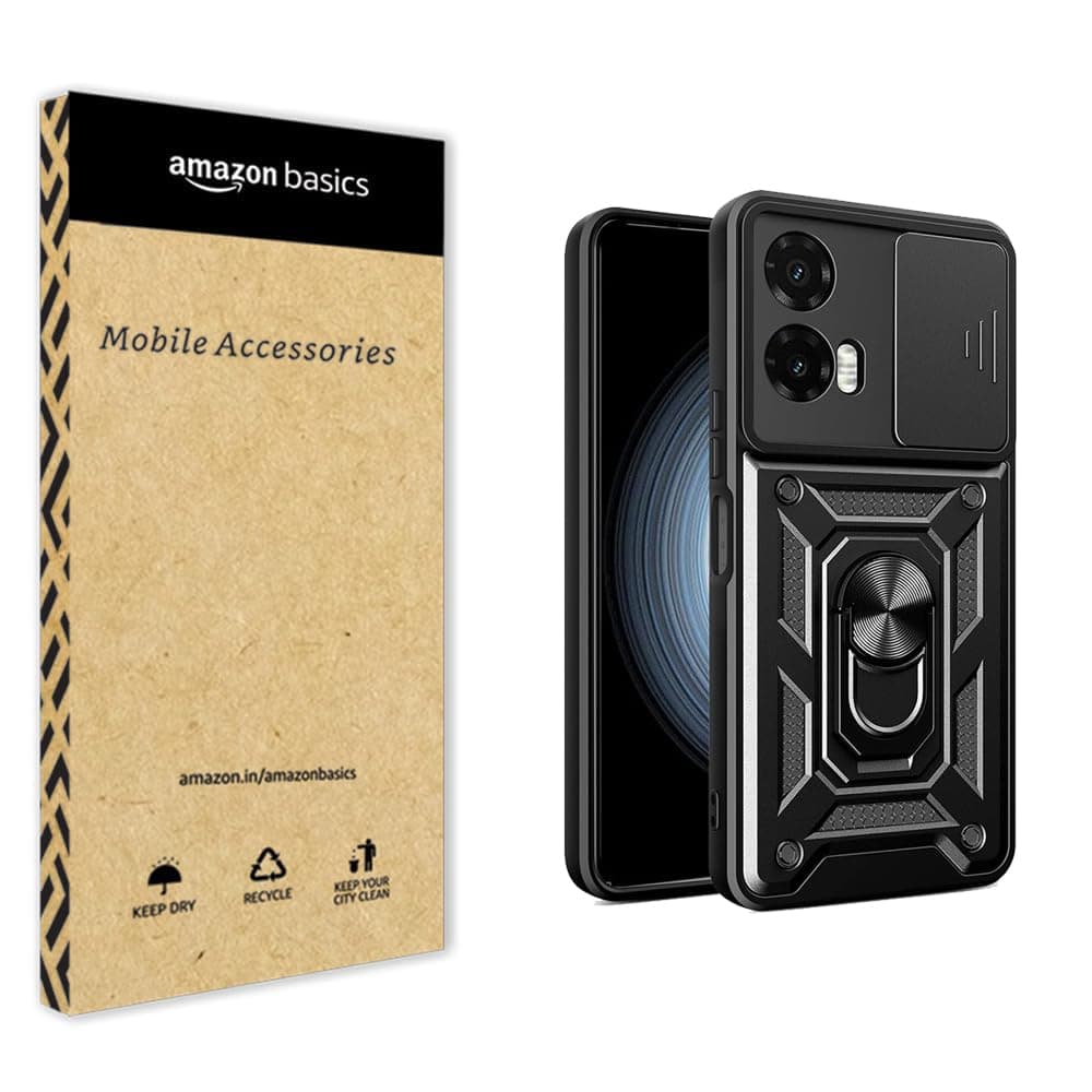 amazon basics Tough Armor Moto G35 5G Bumper Back Cover Case | Sliding Camera Cover, Kickstand & Ring Holder | 360° Protection Case for Moto G35 5G (PC & TPU, Black)