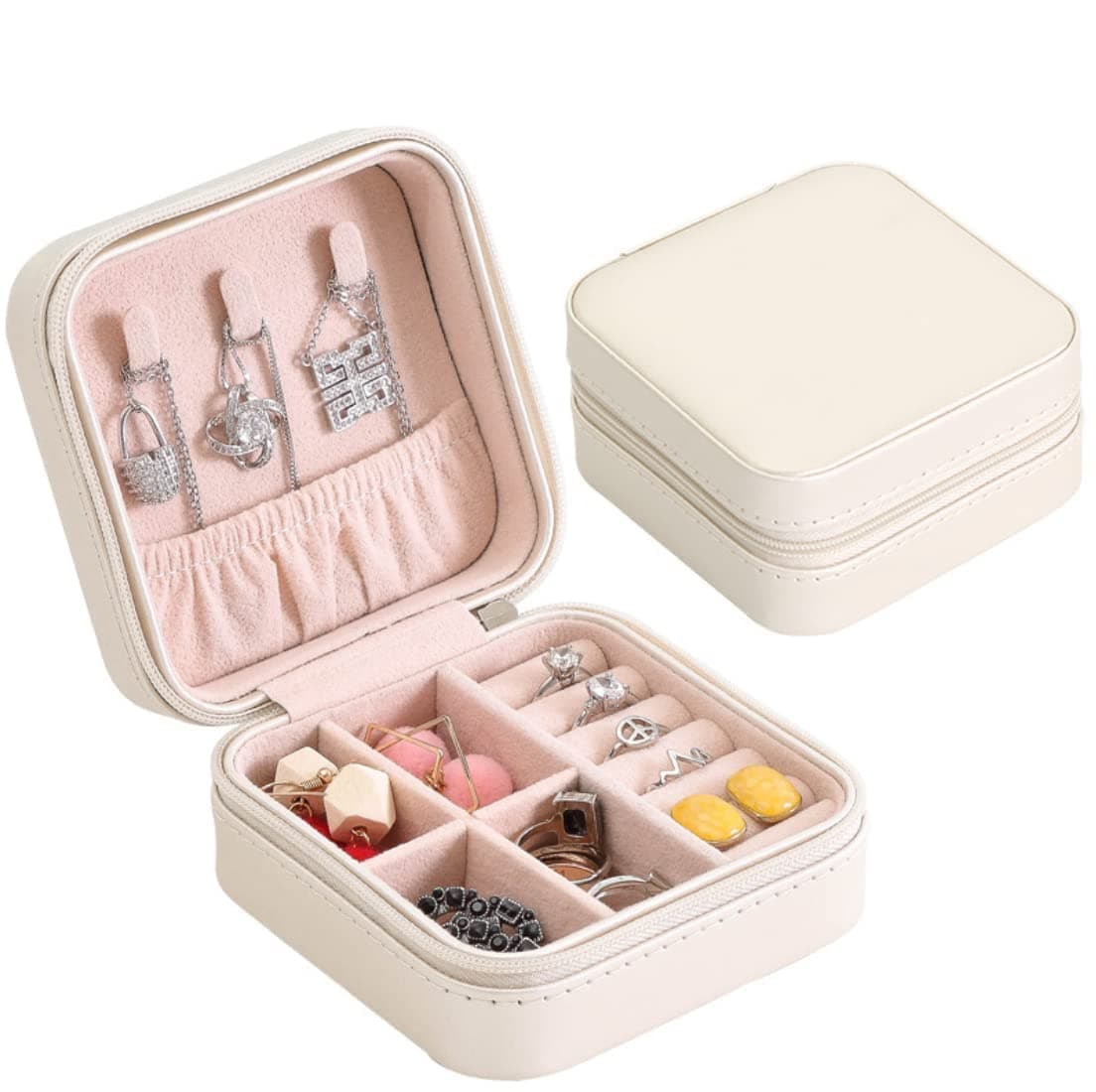 WEZOSHINET Jewelry Organizer PU Leather Zipper Portable Storage Box Case with Dividers Container for Rings, Earrings, Necklace Home Organizer (White)