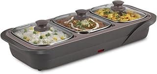 Jaypee Plus E-3 Bowl Electrical Serving Casserole,1000 ml Each | Removable Container Stainless Steel 3 Dish Food Buffet Server 3 in 1 Electiric Bowl for Reheating Food, Grey