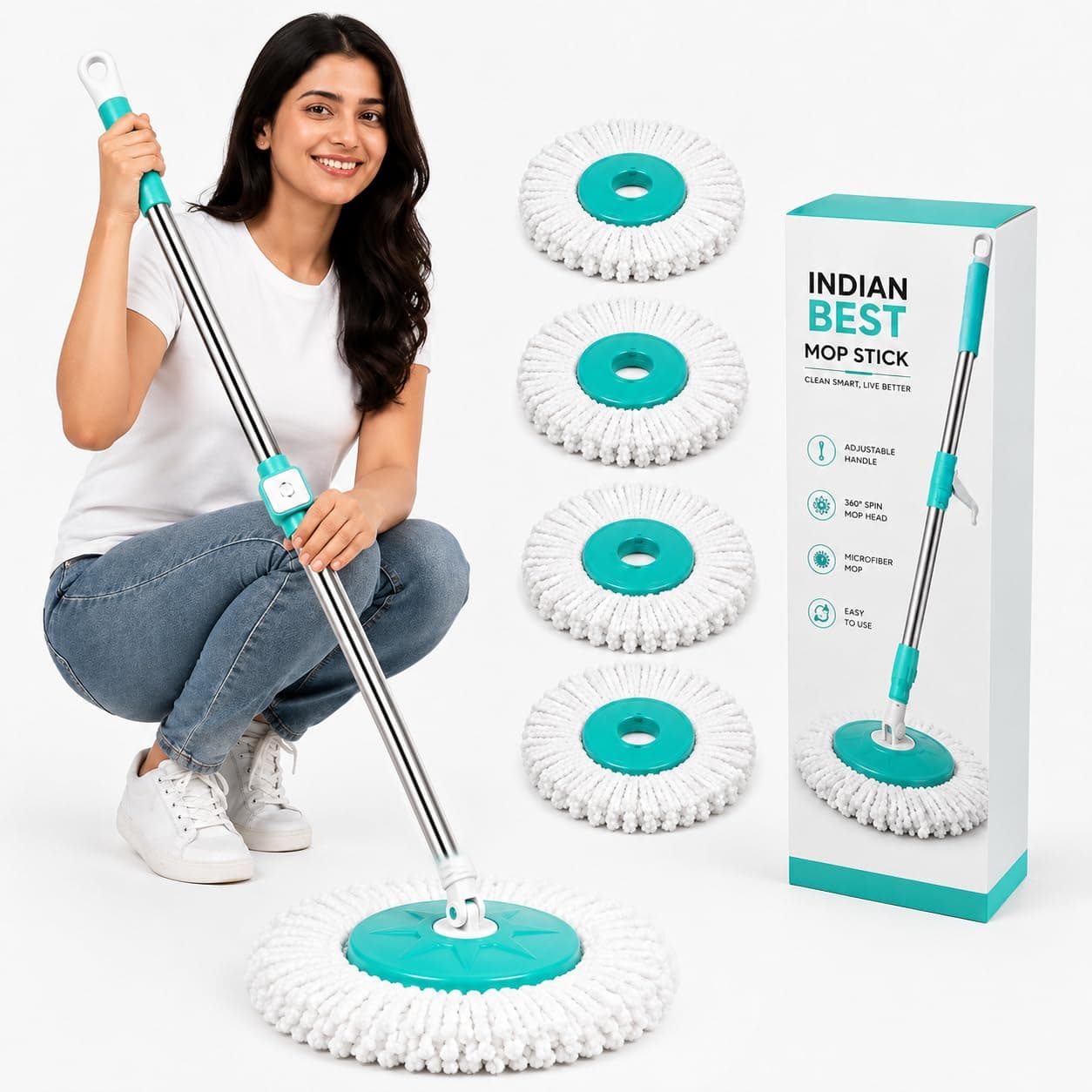 Classic Premium 360° Spin Mop Stick Rod Adjustable & Extendable Mop Handle | Stainless Steel Rust-Proof Floor Cleaning Rod Compatible with Spin Mops Refill - 4 Refill