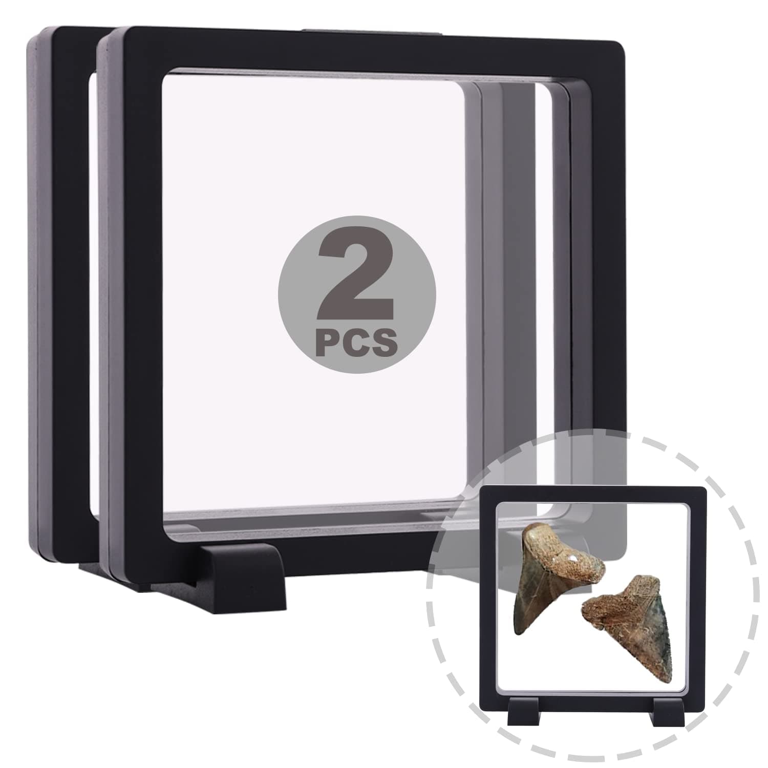 2 Set 5.5 Inch 3D Floating Display Case Stand for Jewelry, YITOU Challenge Coin Display Frame Display Stands Case Holder for Fossil, Rock, Gemstones, Megladon Tooth, Specimens, Floating Frame Case