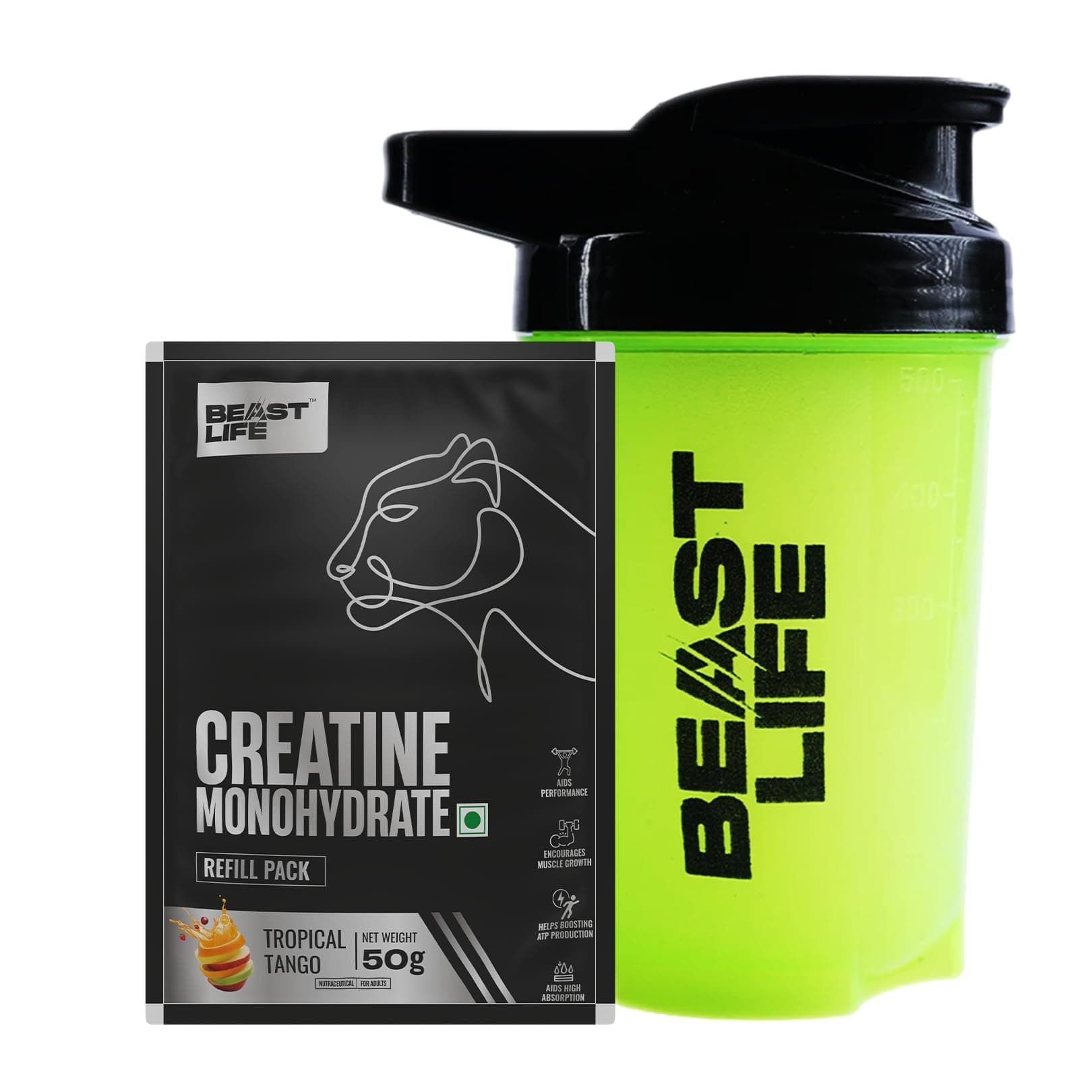 Beastlife Pure Super Micronised Creatine & Shaker Pack | 50 g | 13 Servings | Tropical Tango | NABL Lab Tested | Rapid Absorption for Muscle Strength & Athletic Performance | Super Micronised Creatine Powder