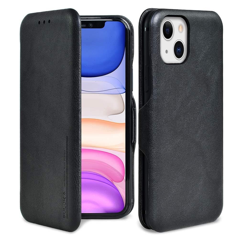 PULOKA for iPhone 13 - Sleek Flip Case - Premium Vegan Leather Phone Cover with Card Slot - Slim, Durable, Privacy Protection - Kickstand Function - Elegant Flip Wallet Cases for Apple (Black)