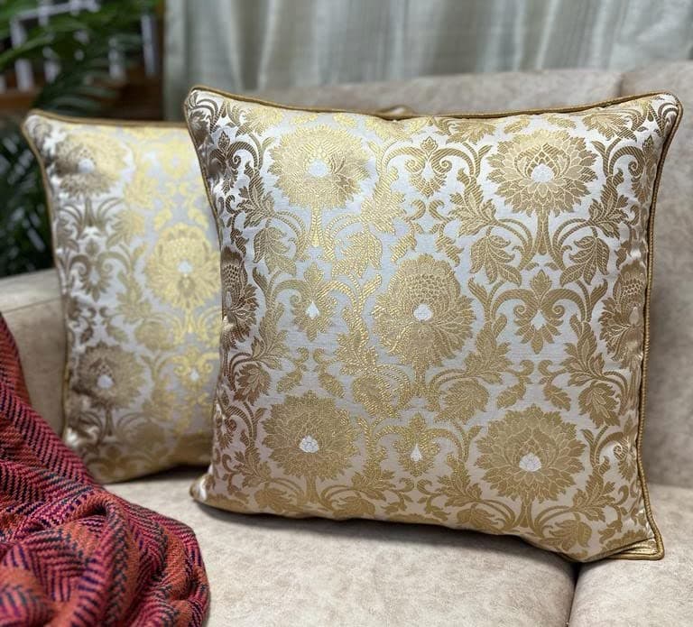 House Of Silko Royal Banarasi Satin Brocade Ivory White and Gold Cushion Cover for Home Decoration (Size-16"x16") Set of 2pcs
