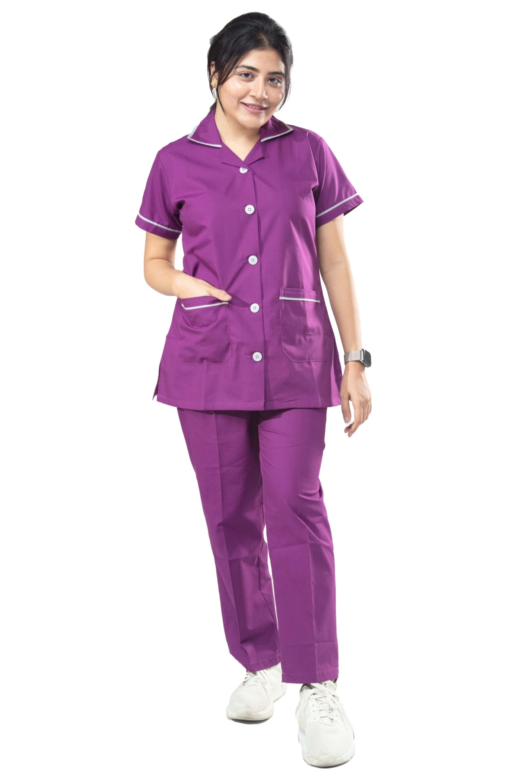UNIFORM CRAFT Female Nurse Uniform for Women | Hospital Staff, Clinics, Home Health | Polyester-Cotton | Violet and Grey | M | Collared Neck with Buttons