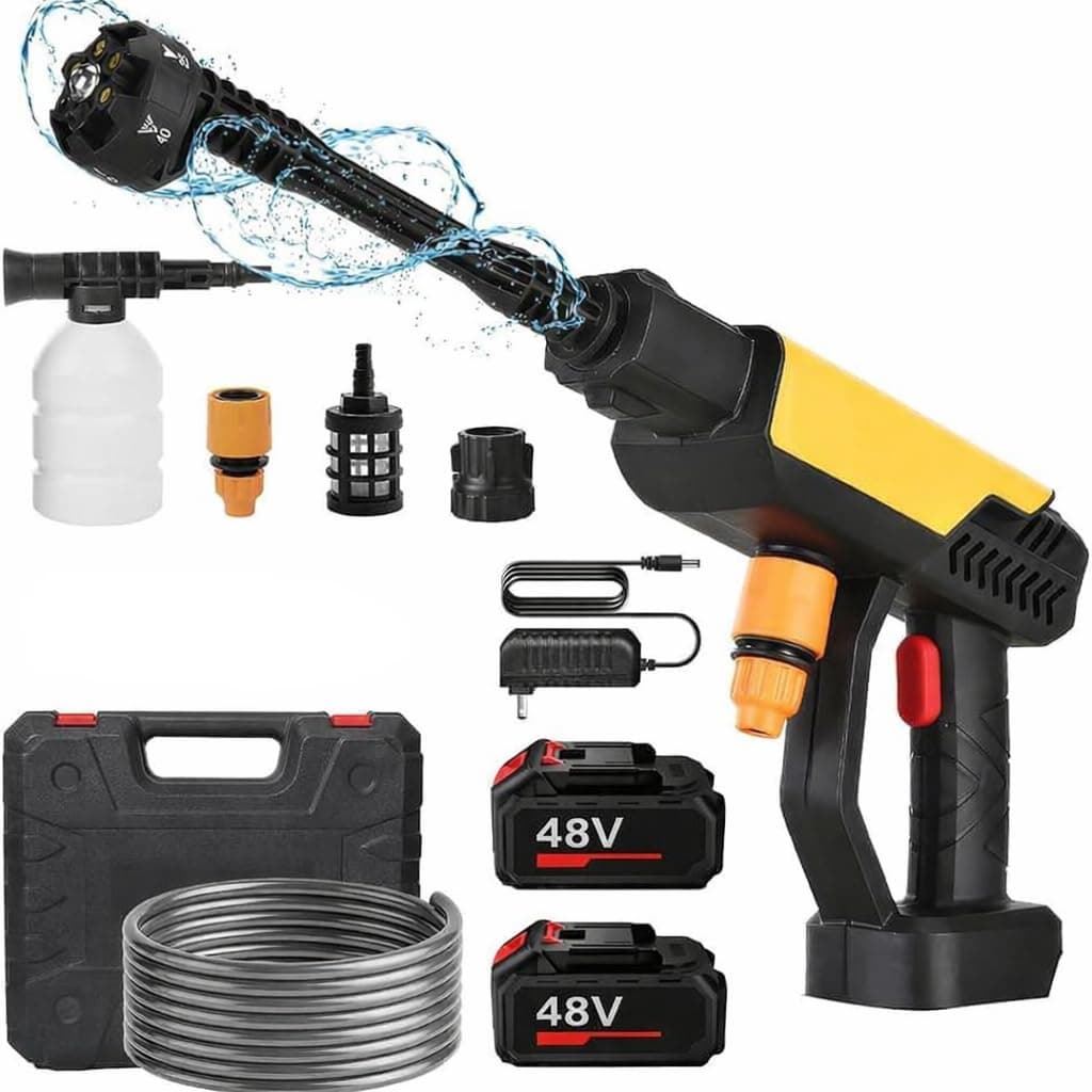 Zancia Turbowash Cordless Portable 48V Wireless Pressure Washer Gun -12000mAh High Pressure Water Gun for Car and Bike Wash, Adjustable 6 in 1 Nozzle, 5M Hose Pipe, Double Battery Included.