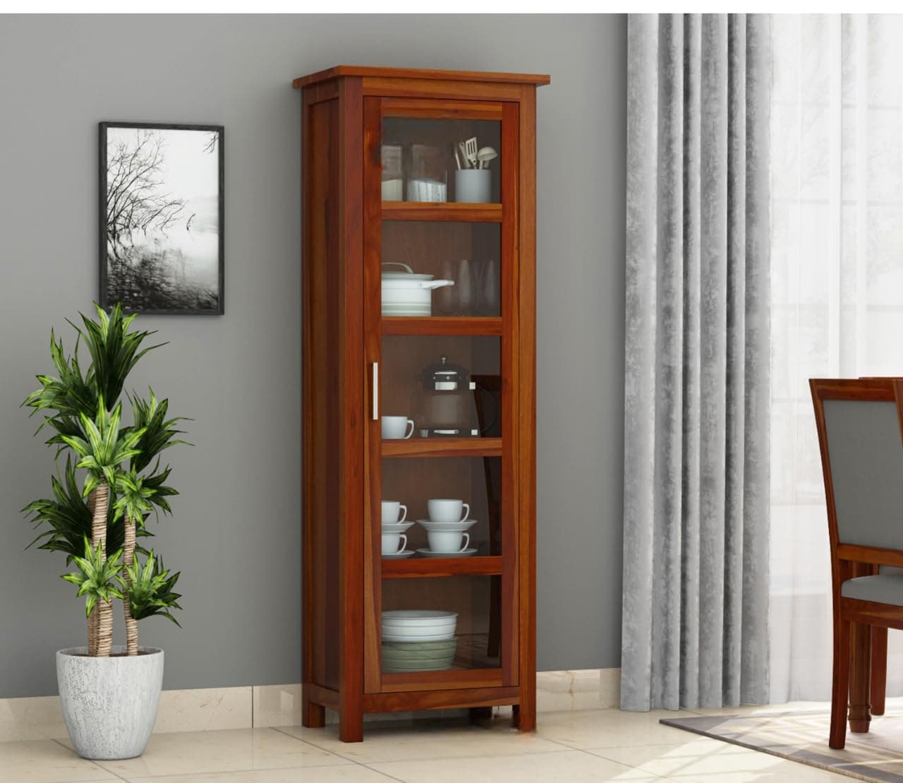 CRAFT D ARTS Solid Sheesham Wood Bookshelf for Living Room | Wooden Storage Crockery Cabinet with 5 Multishelves & Acrylic Glass for Home Decor | Storage Organiser Bookcase for Office | Honey Finish