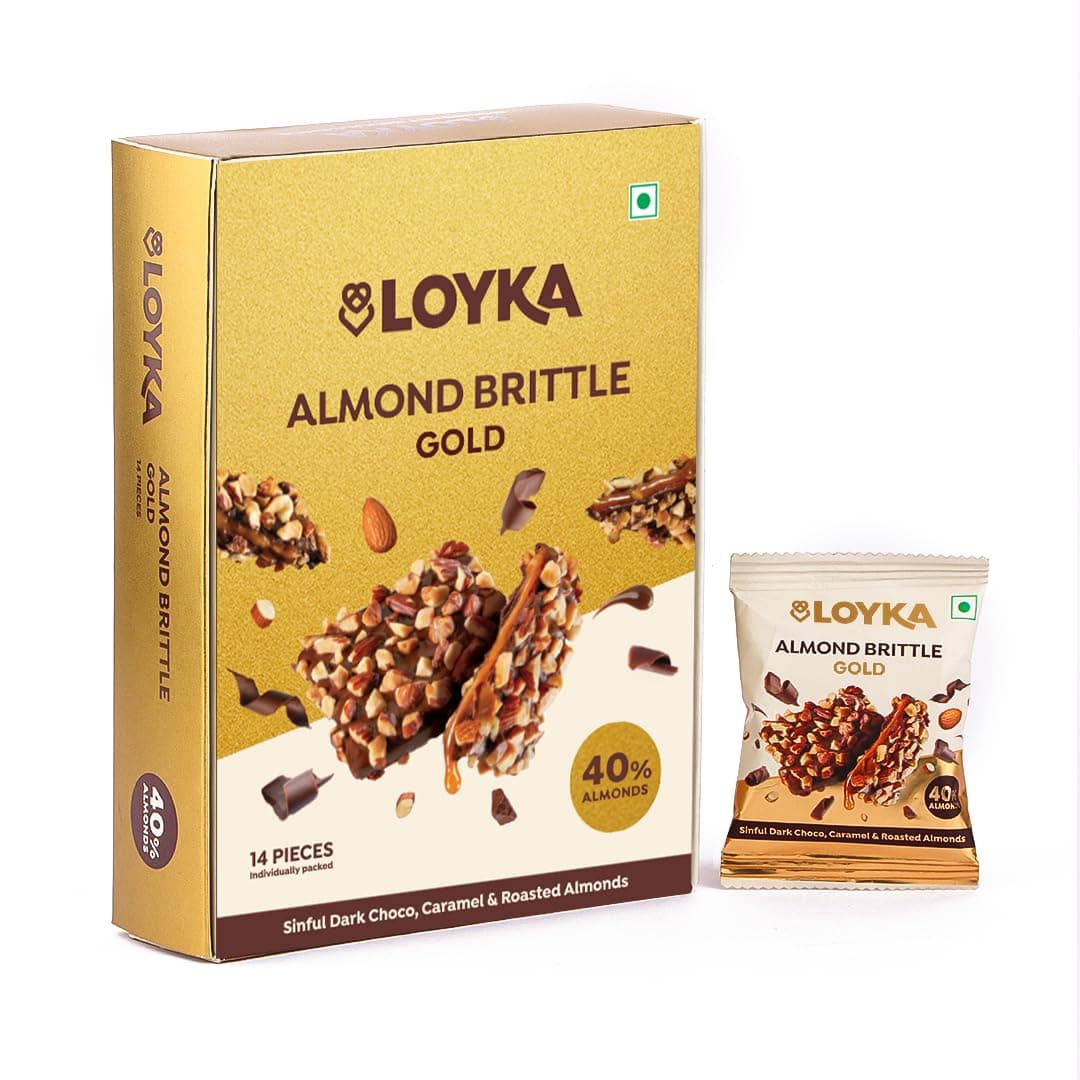 LOYKA Almond Brittle Gold Choco Box 14 Pcs (Pack of 1) | Premium Chocolate Gift Hamper|Choco & Nut Dryfruit Delicacy|Roasted California Almonds (40%),Dark Choco,Salted Caramel,Any-Time Snack