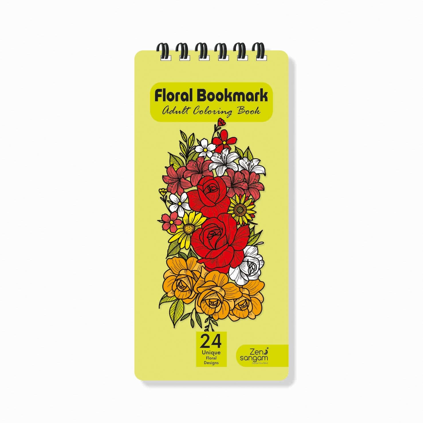 Zen Sangam Bookmark Floral Coloring Book for Young Adults and Art Passionates - 24 Unique Cute Floral Designs - Size: 15 x 6.3cm - Handy IPhone size - Cool Gifts - Stress Relief & Mind Relaxation