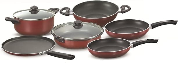 Prestige Omega Deluxe Gas Induction Base Non-Stick Kitchen Set, 6-Pieces, Red