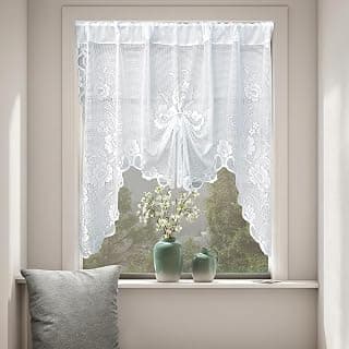 HASTHIP® White Lace Window Curtain 150x100cm Sheer Embroidered Floral Cafe Curtain with Center Drawstring Ruched Style Light-Filtering Privacy Panel for Kitchen and Living Room Decor